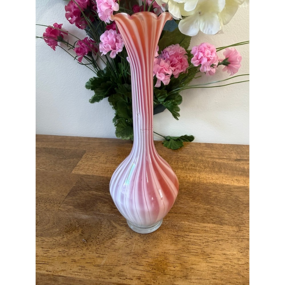 Vintage Pink Cranberry Cased Art‎ Glass Ribbed Swirl Tall Trumpet Vase